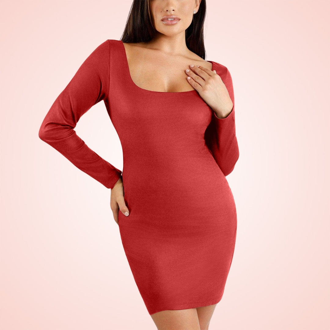 Built In Shapewear Long Sleeve Square Neck Midi Dress