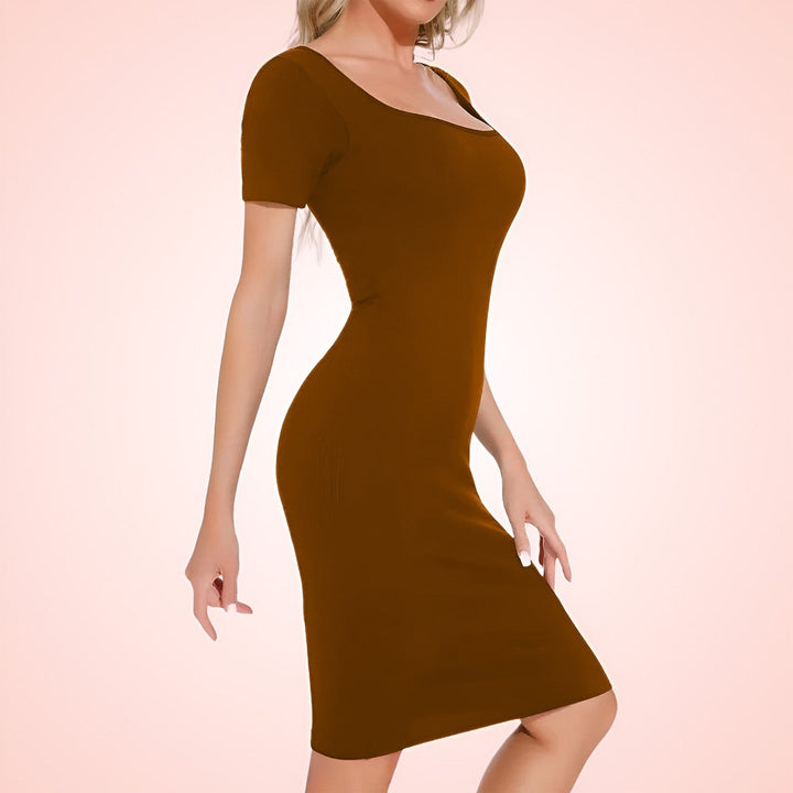 Built In Shapewear Short Sleeve Square Neck Midi Dress