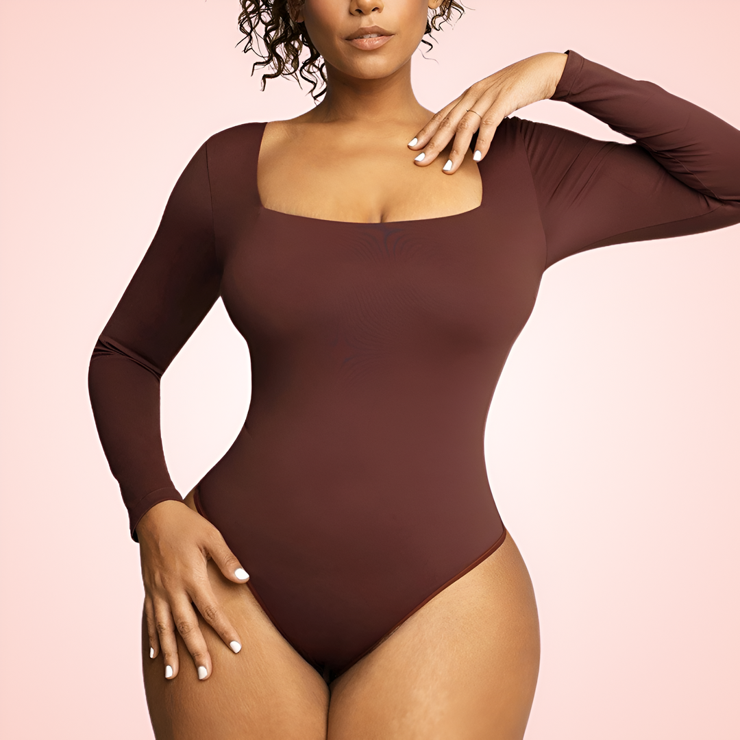 One Piece Squared Neck Sleeved Bodysuit Shapewear