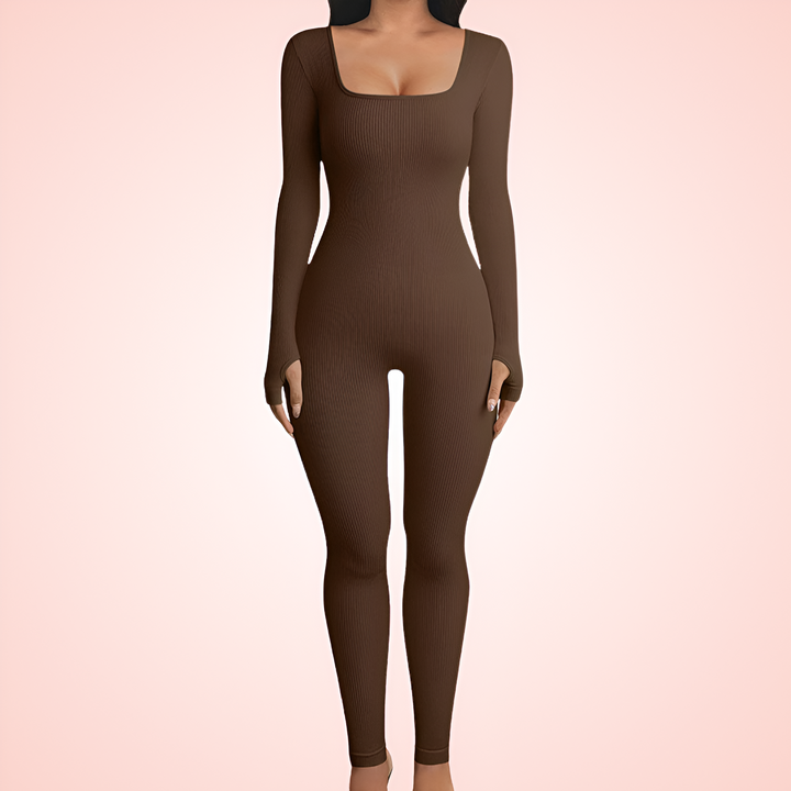 Seamless Square Neck Long Sleeve Shaping Jumpsuit with Built In Bra